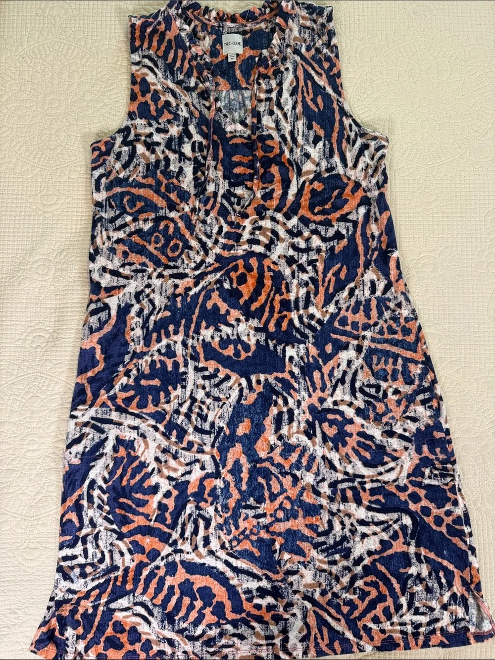 NIC+ZOE Abstract Print Sleeveless Knit Dress M Navy Orange Stretch Boho Travel - Picture 10 of 13